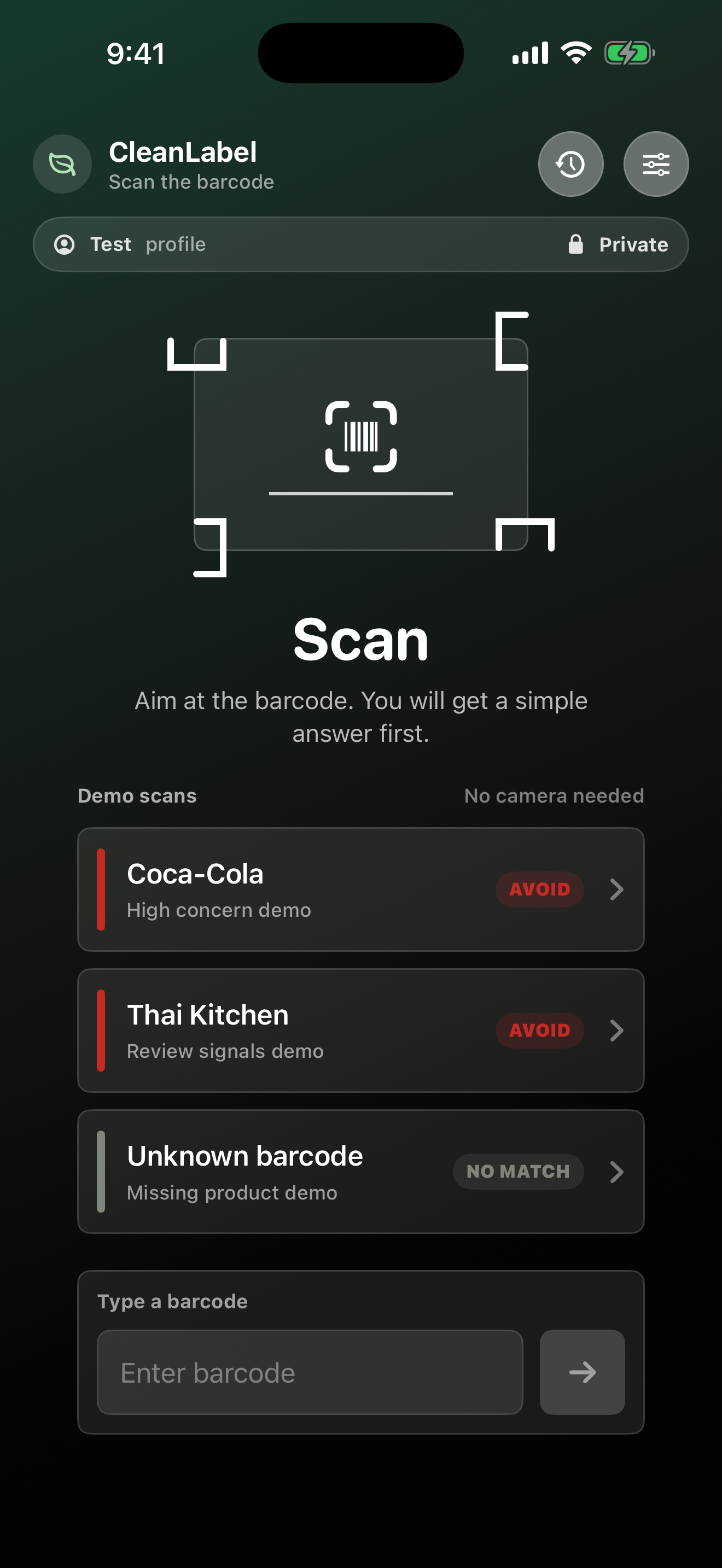 CleanLabel barcode scan home screen