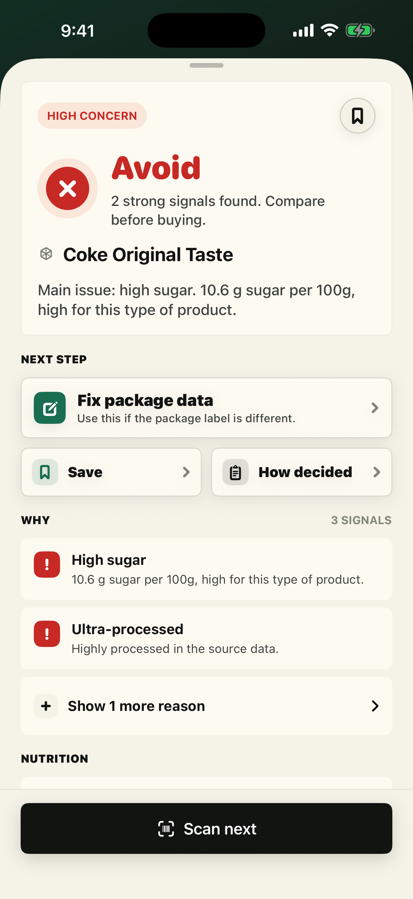 CleanLabel product result screen showing review signals